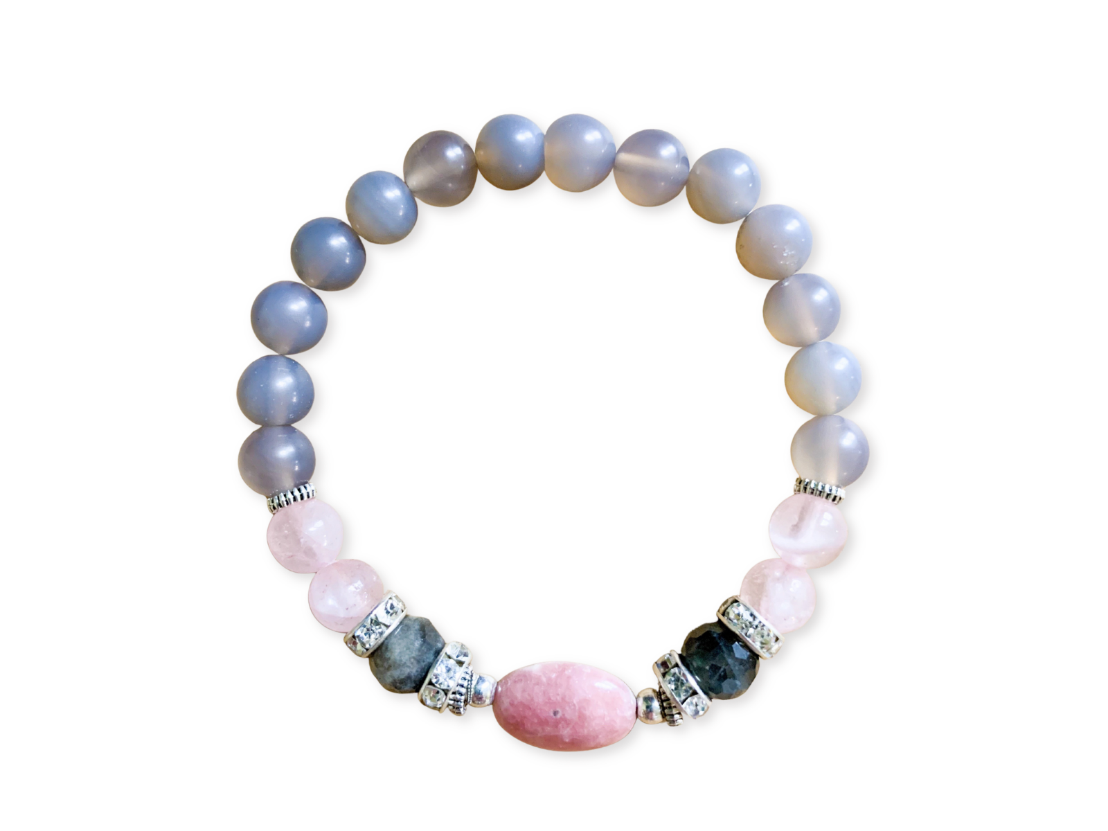 Rhodochrosite, Rose Quartz, Labradorite, & Gray Agate Beaded Bracelet || Reiki Infused