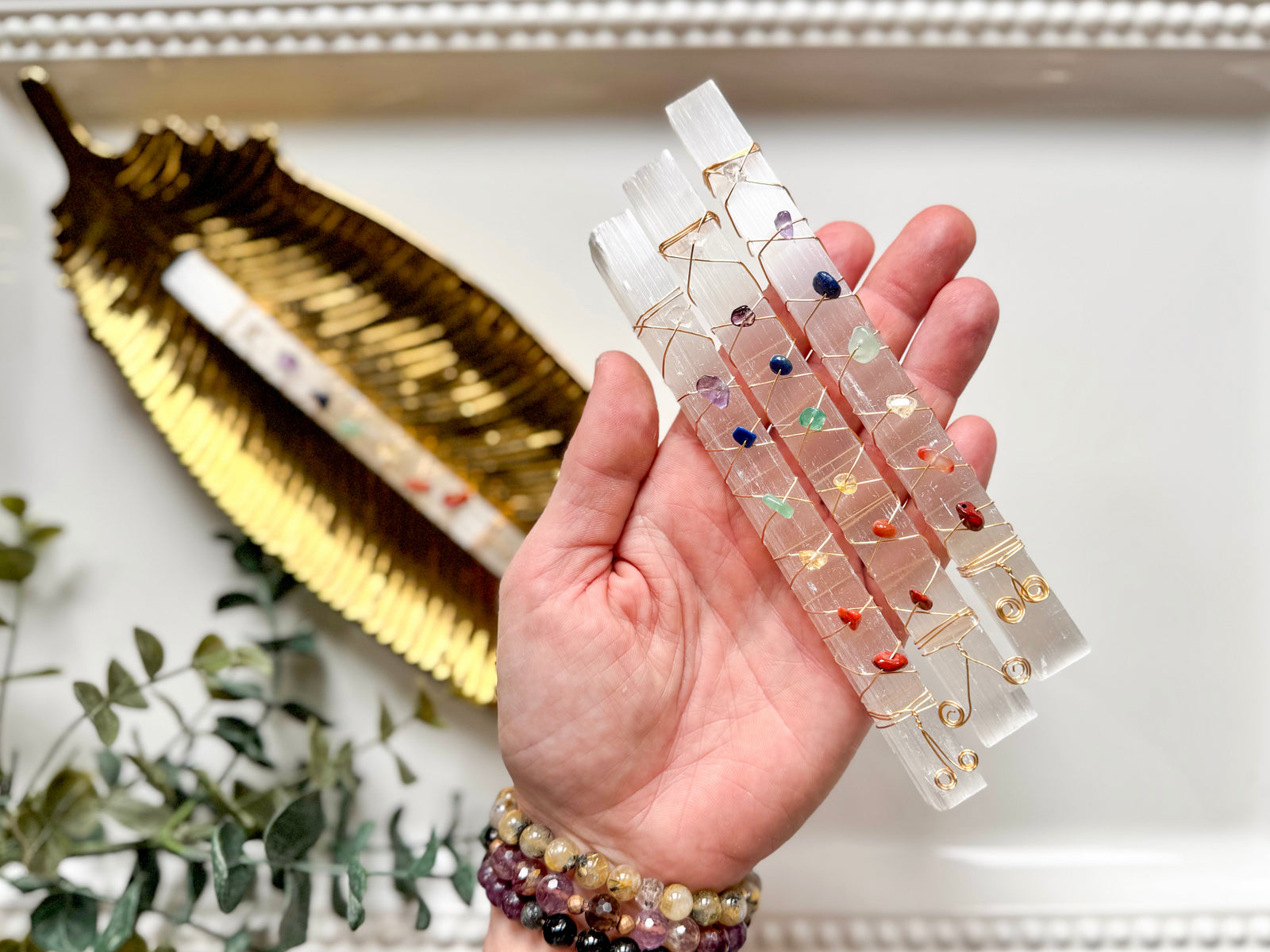 Selenite Crystal Chip Gold Wrapped Chakra Wand