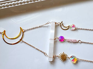 Selenite & Rose Quartz Celestial Rainbow Catcher Window Hanger || Gold or Silver
