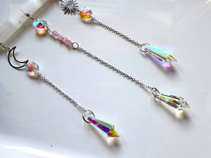 Selenite & Rose Quartz Celestial Rainbow Catcher Window Hanger || Gold or Silver