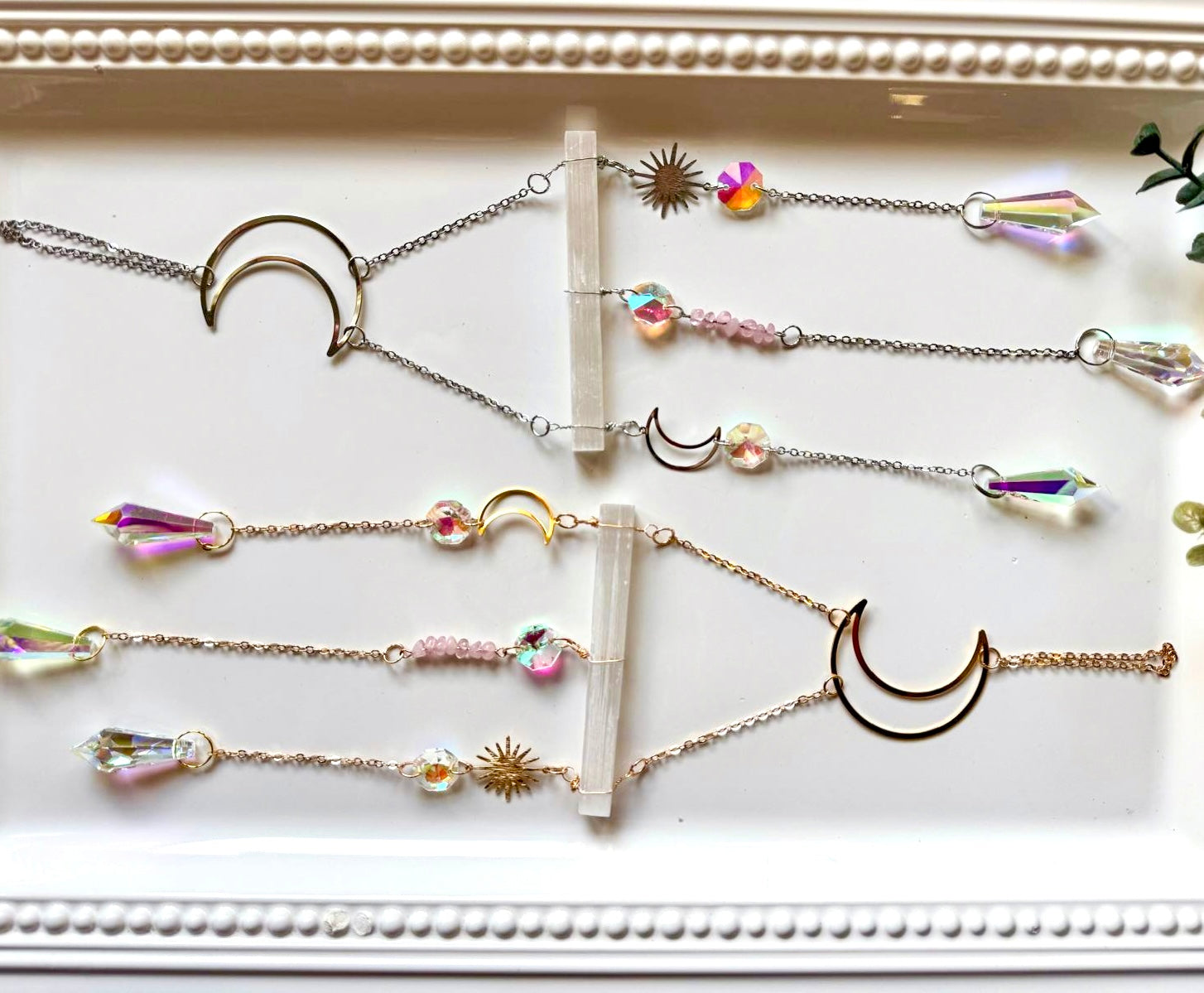 Selenite & Rose Quartz Celestial Rainbow Catcher Window Hanger || Gold or Silver