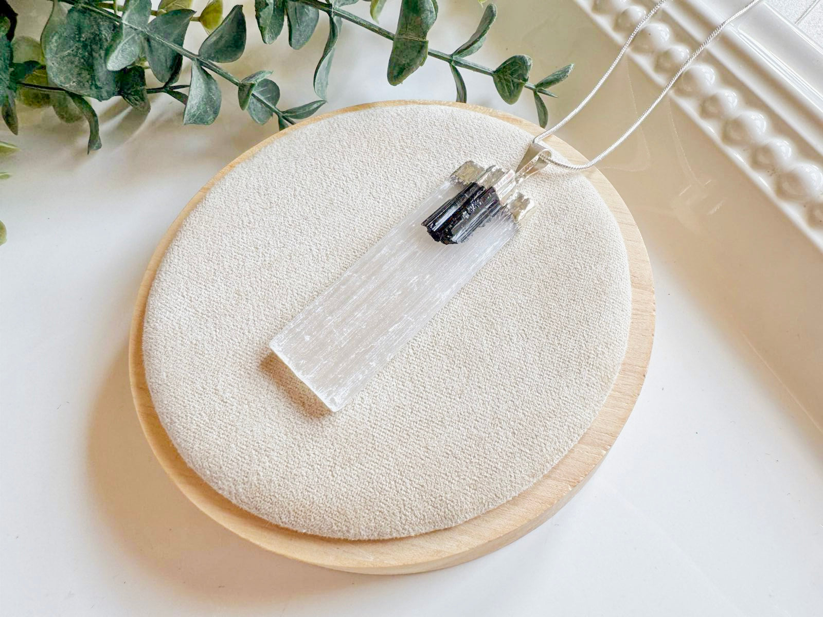 Selenite with Tourmaline Silver Dipped Pendant Necklace