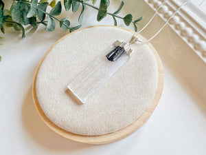 Selenite with Tourmaline Silver Dipped Pendant Necklace