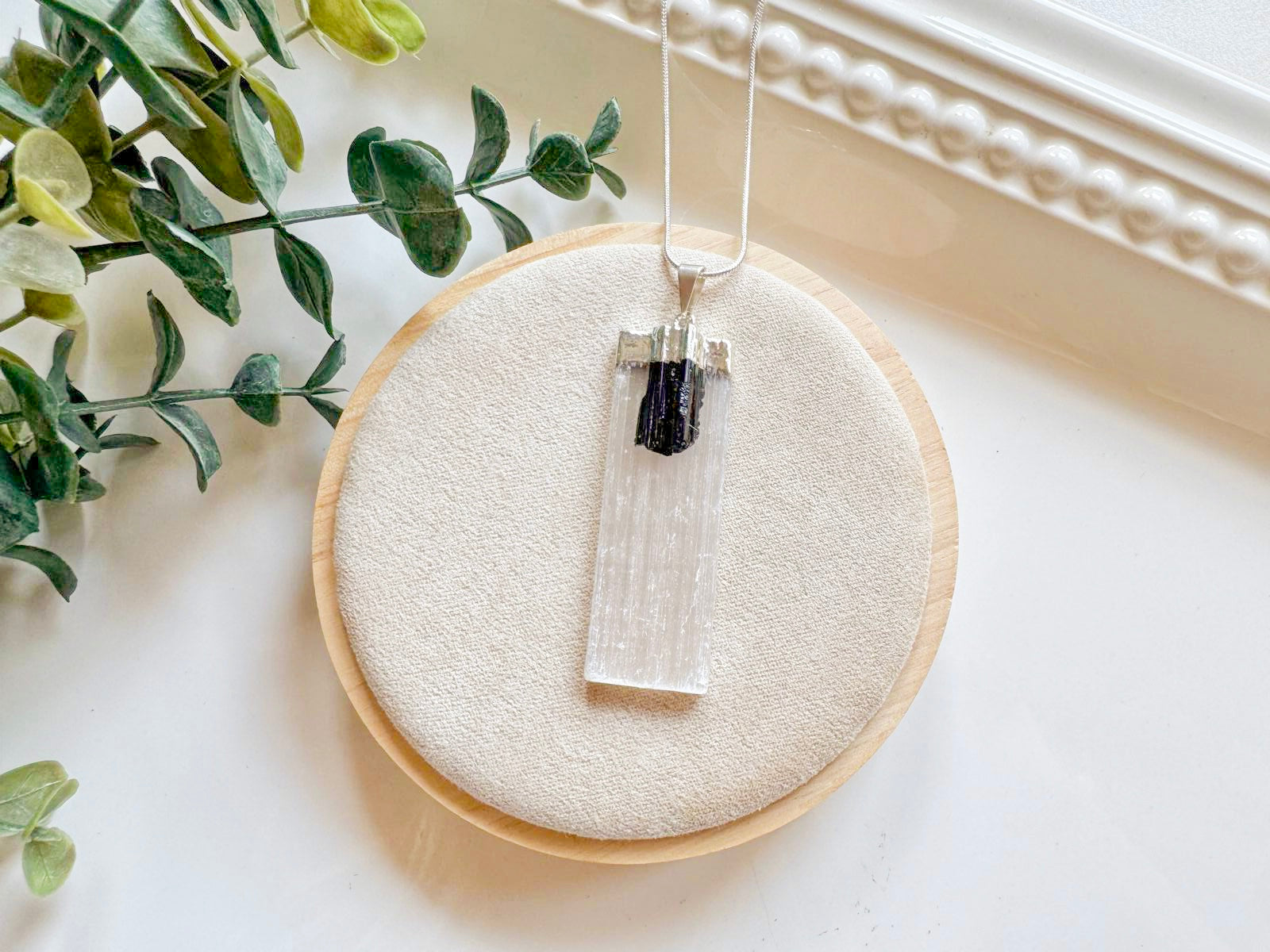 Selenite with Tourmaline Silver Dipped Pendant Necklace