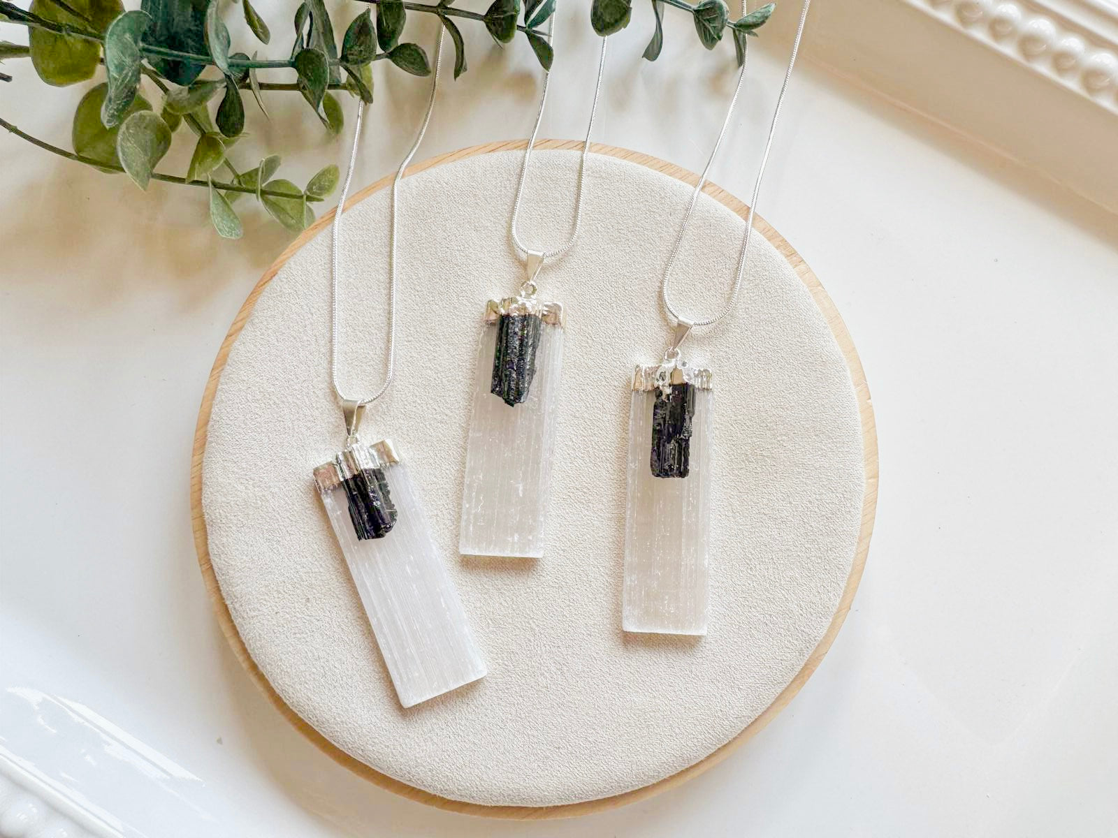 Selenite with Tourmaline Silver Dipped Pendant Necklace