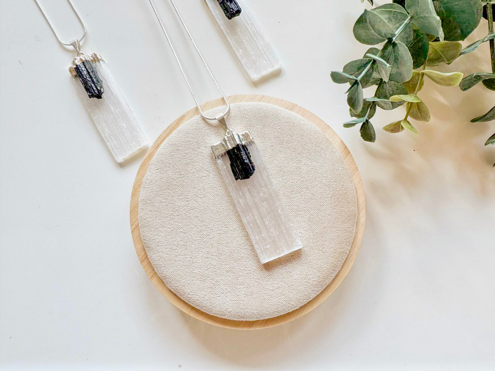 Selenite with Tourmaline Silver Dipped Pendant Necklace