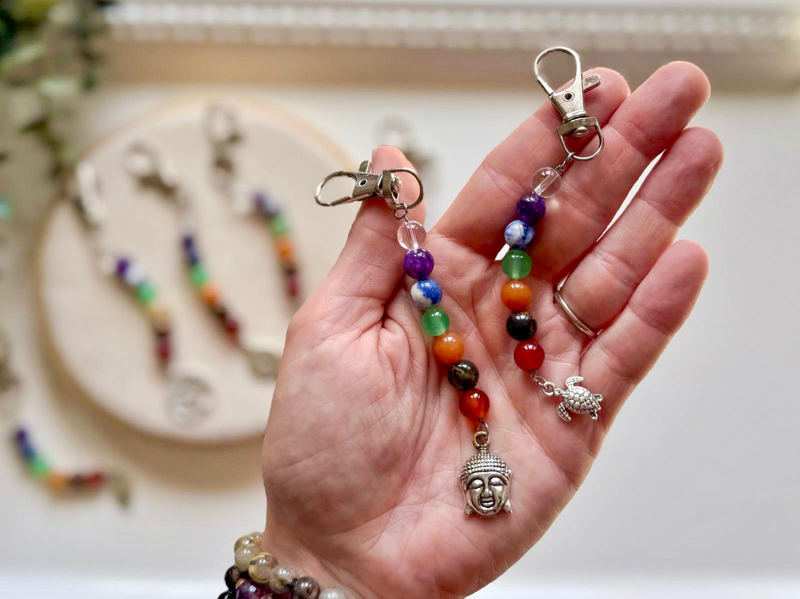 Seven Chakra Beaded Silver Charm Bag Tag