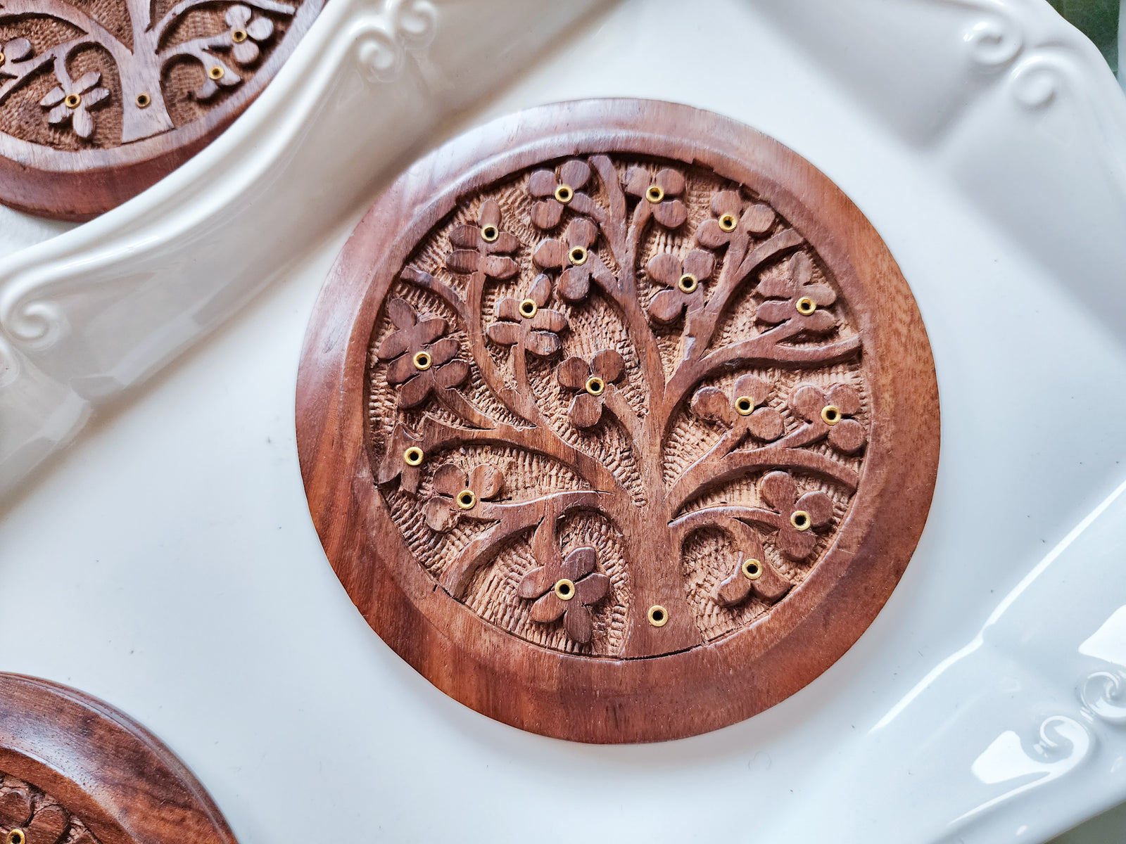 Tree of Life Round Wood Incense Burner