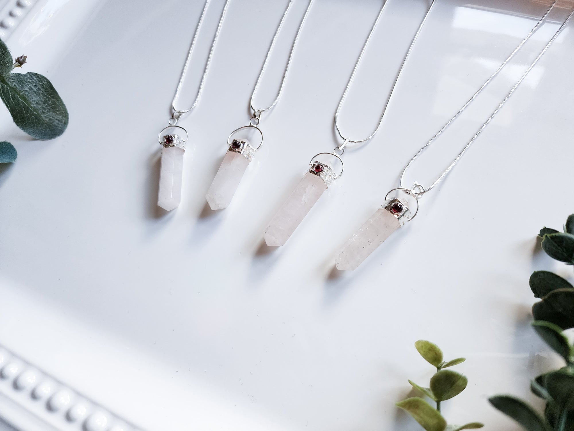 Rose Quartz Double Terminated Crystal Point Necklace || Window Cut Cap