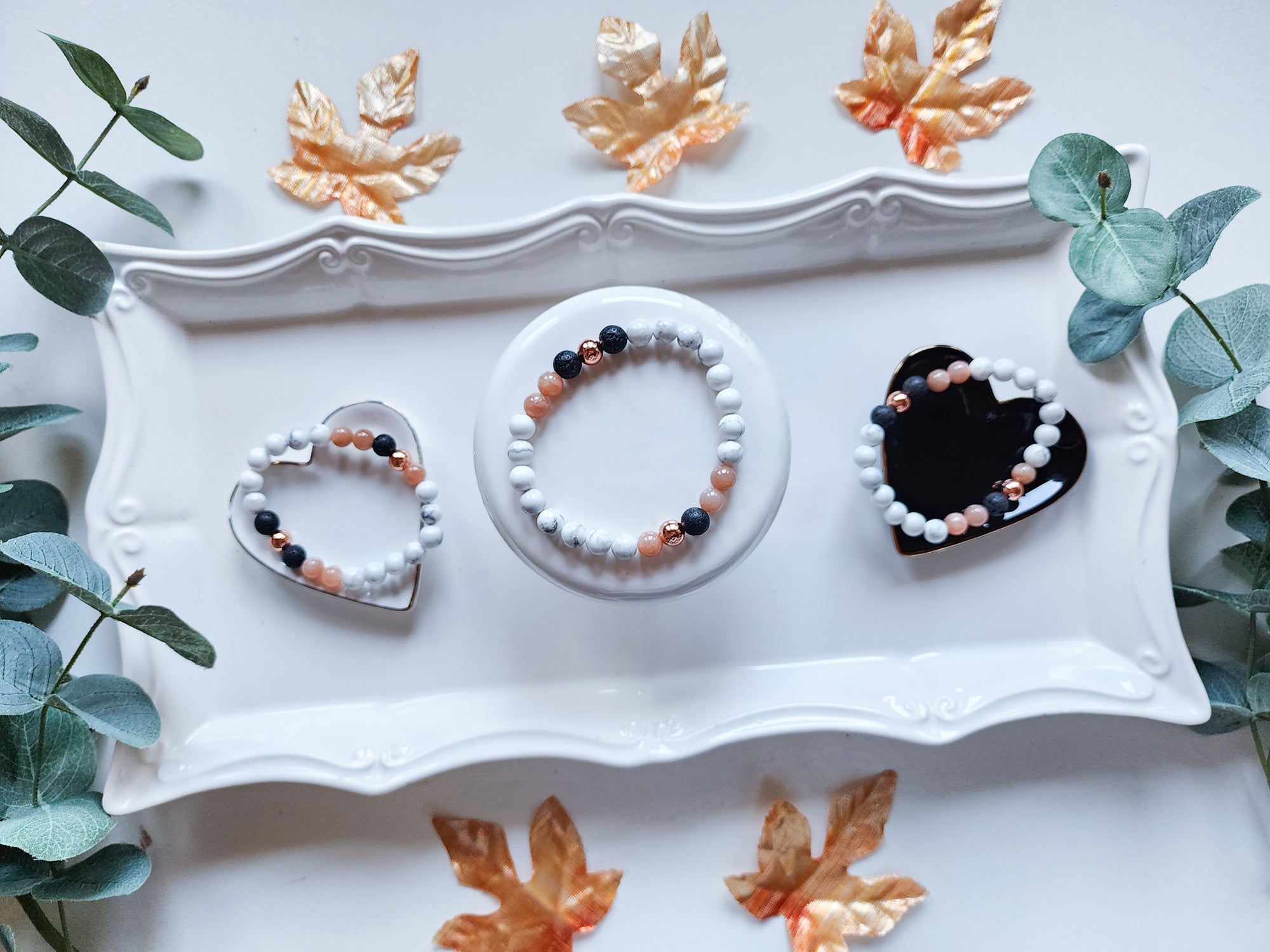 Howlite, Peach Moonstone, Lava & Copper Beaded Bracelet || Reiki Infused