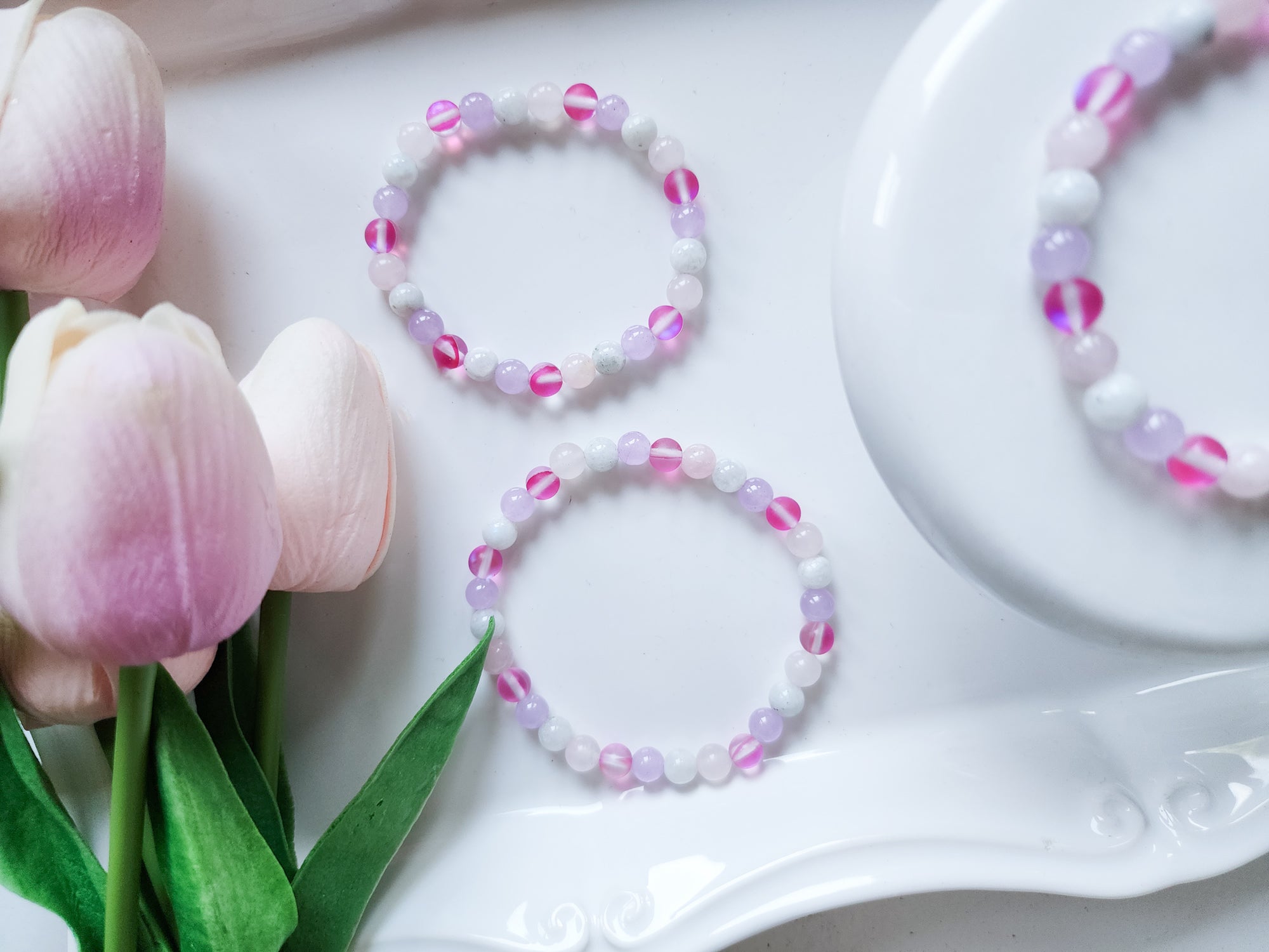 "Pretty in Pink" Aura Quartz, Rose Quartz, Moonstone & Lavender Jade Beaded Bracelet || Reiki Infused