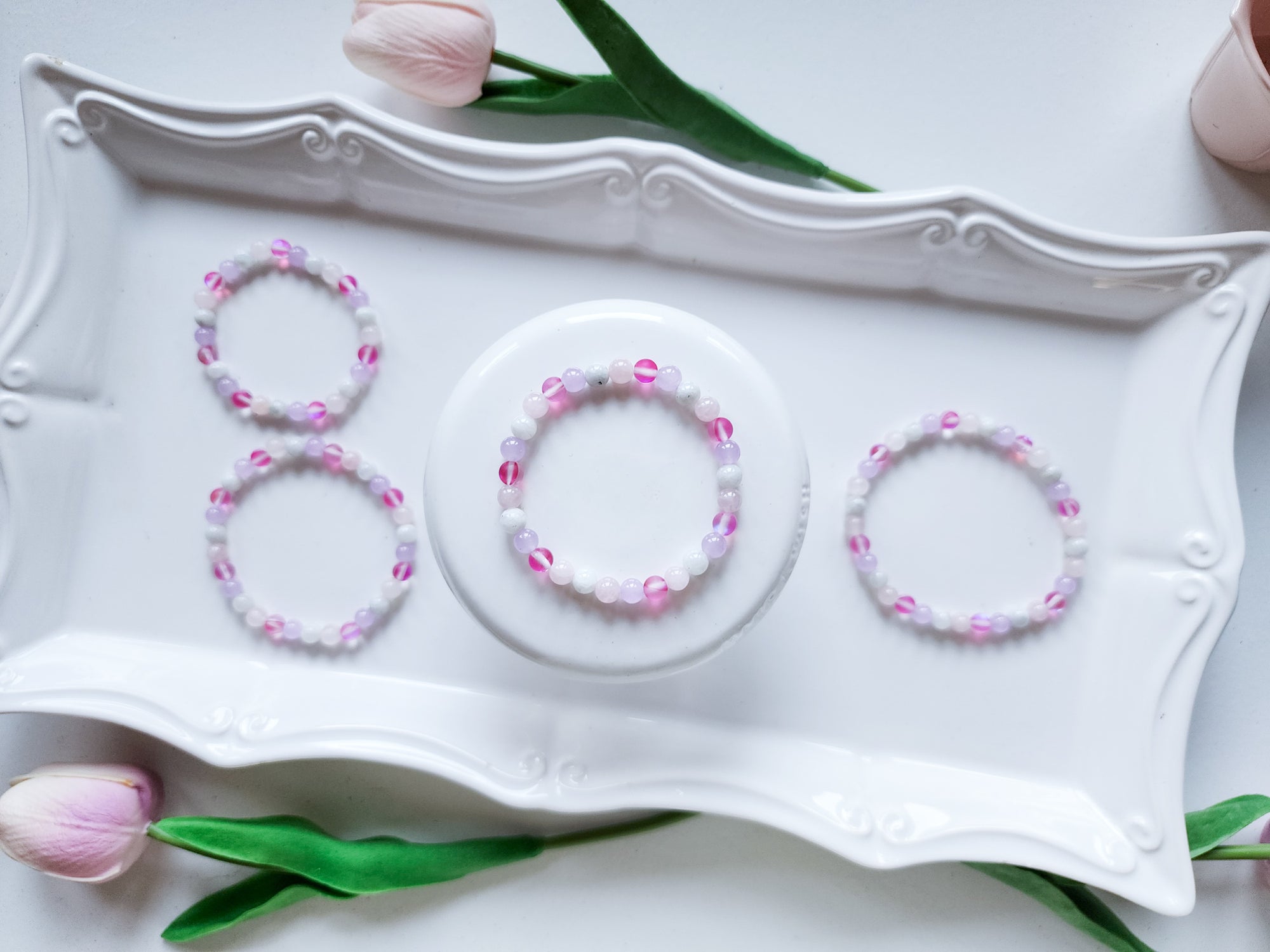 "Pretty in Pink" Aura Quartz, Rose Quartz, Moonstone & Lavender Jade Beaded Bracelet || Reiki Infused