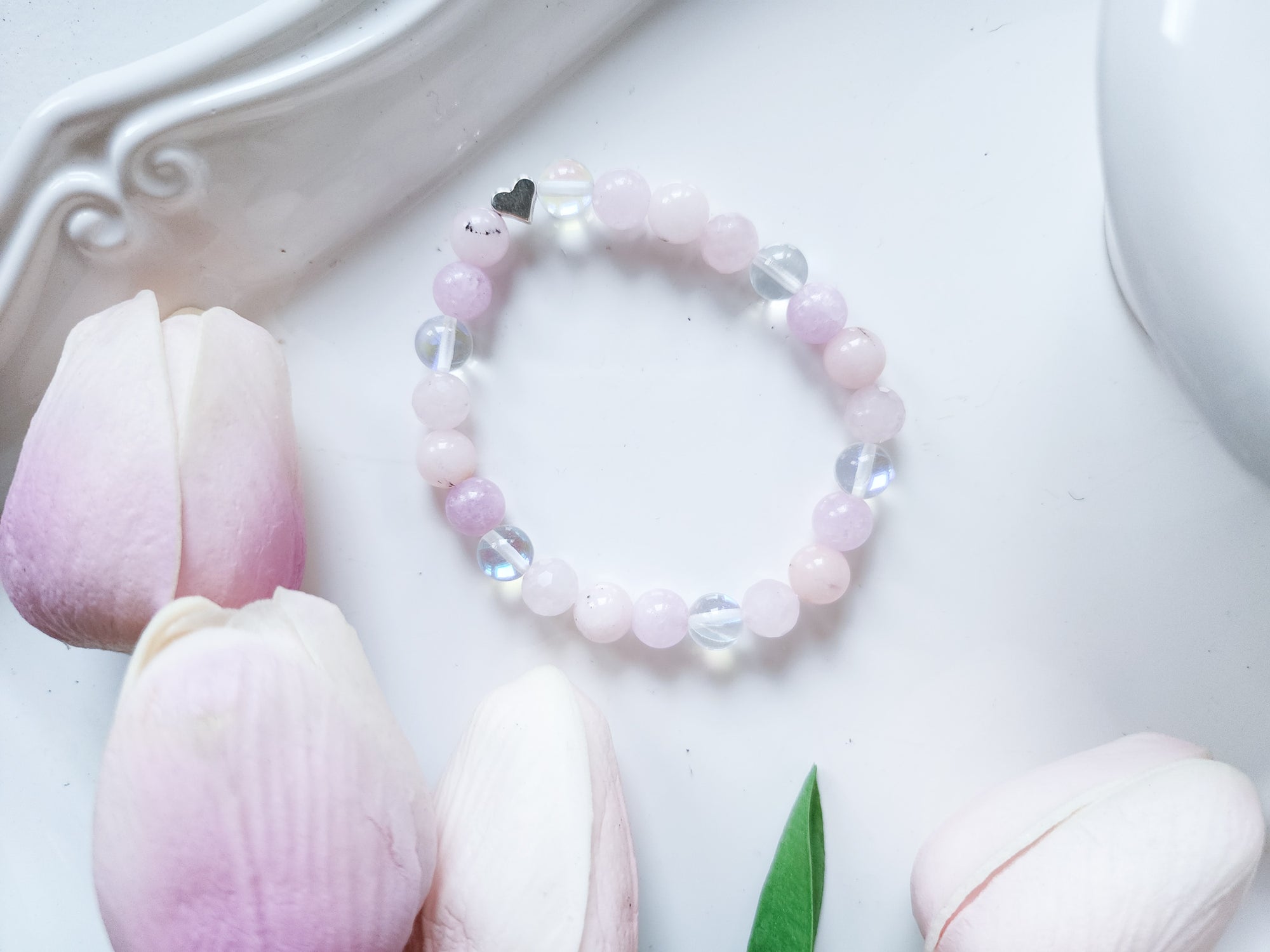 "Pretty in Pink" Pink Opal, Aura Quartz, Kunzite & Rose Quartz Beaded Bracelet || Reiki Infused