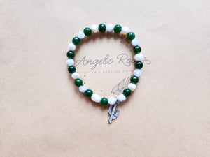 Nephrite Jade, Rainbow Moonstone & Mother of Pearl Cactus Silver Edition Beaded Bracelet || Reiki Infused