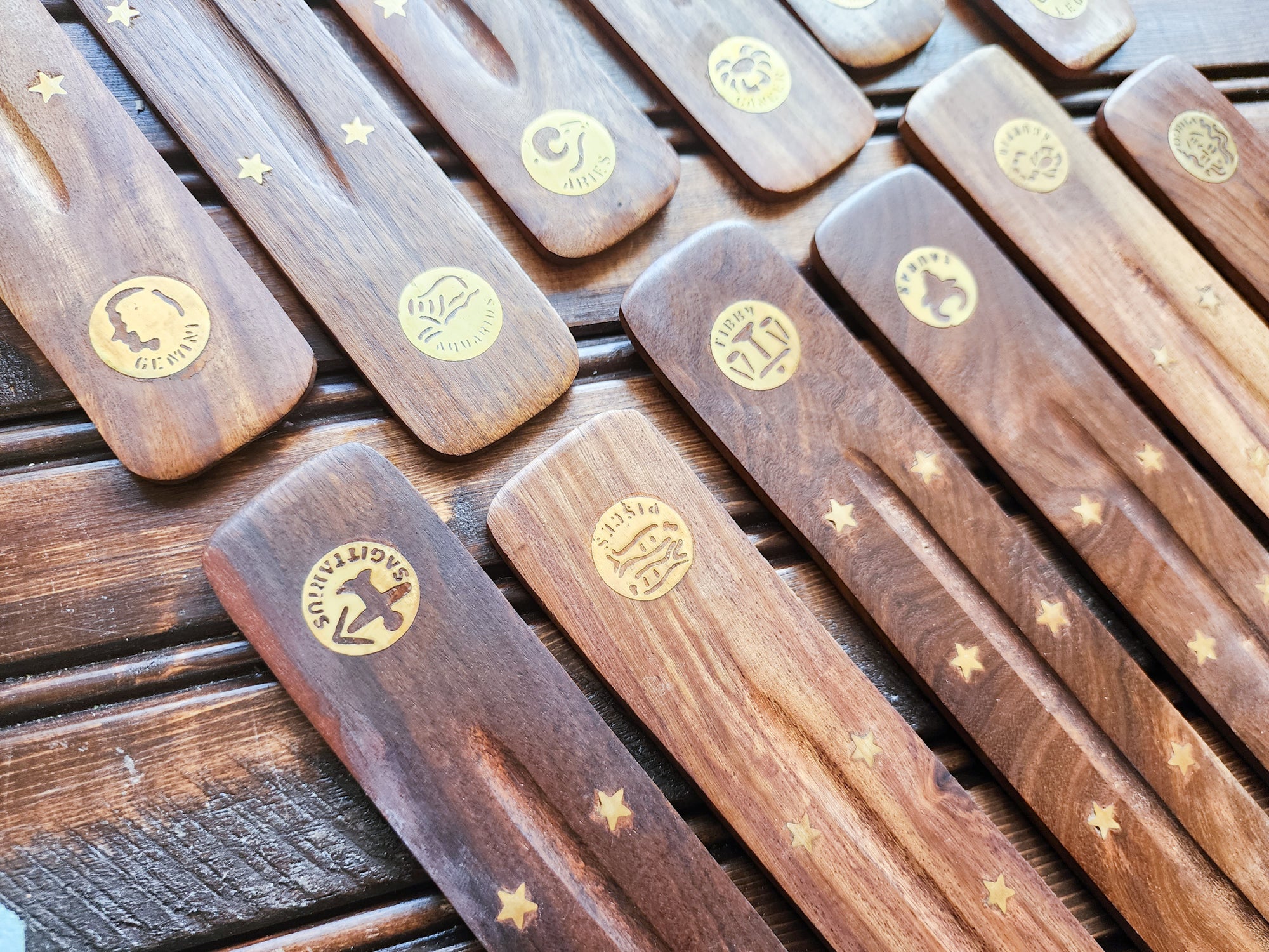 Wooden Metal Inlay Incense Boat Burner || Zodiac