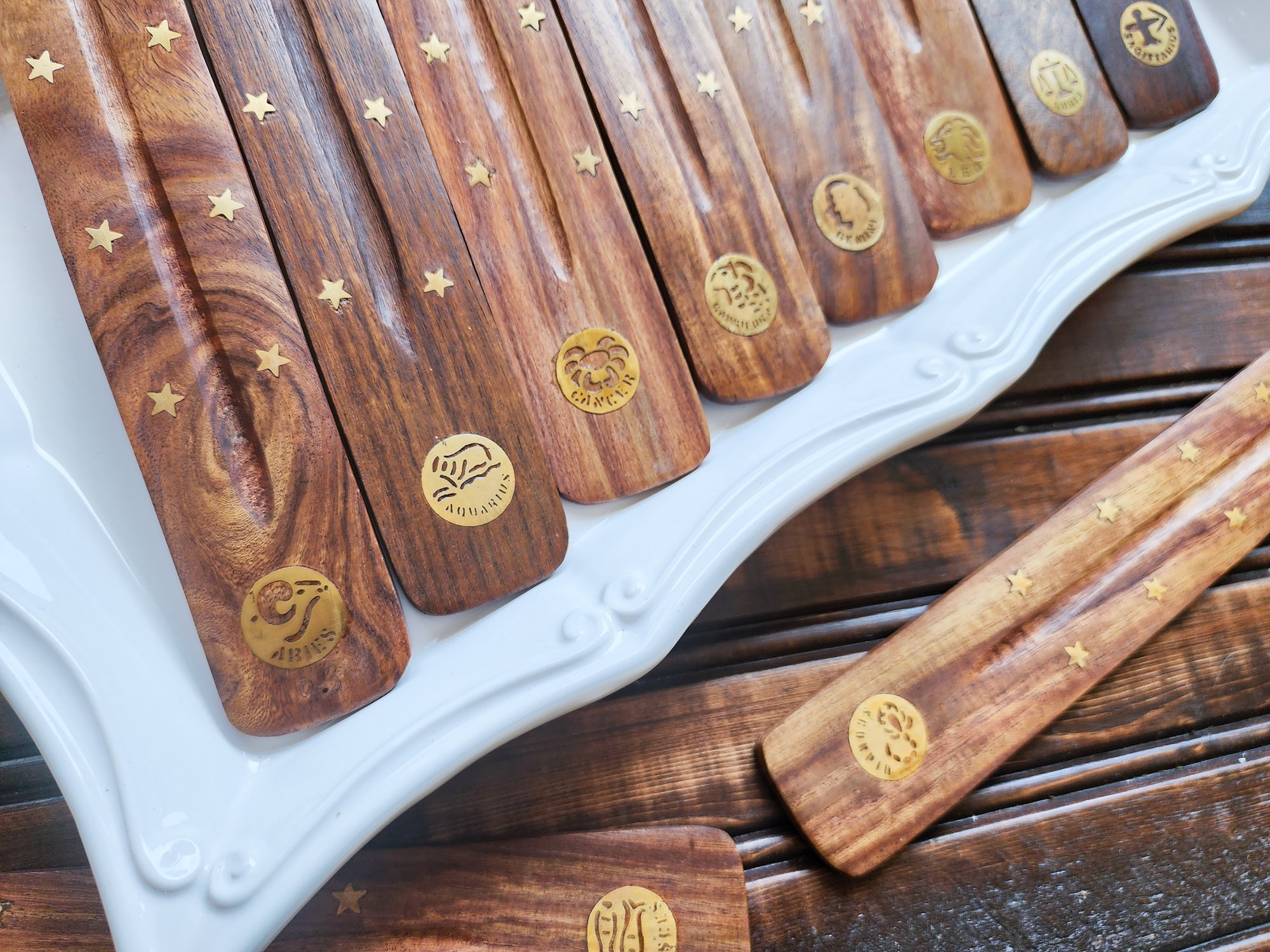 Wooden Metal Inlay Incense Boat Burner || Zodiac