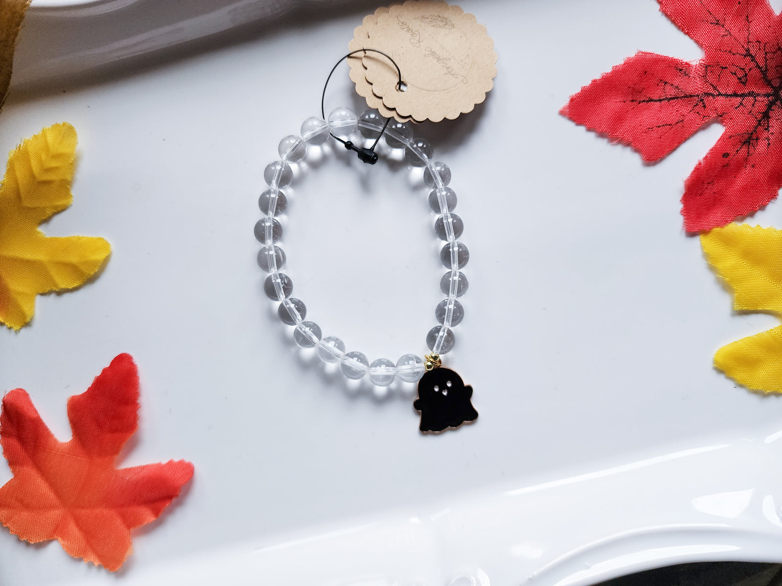 Halloween Collection || Clear Quartz Ghost Beaded Bracelet || Reiki Infused