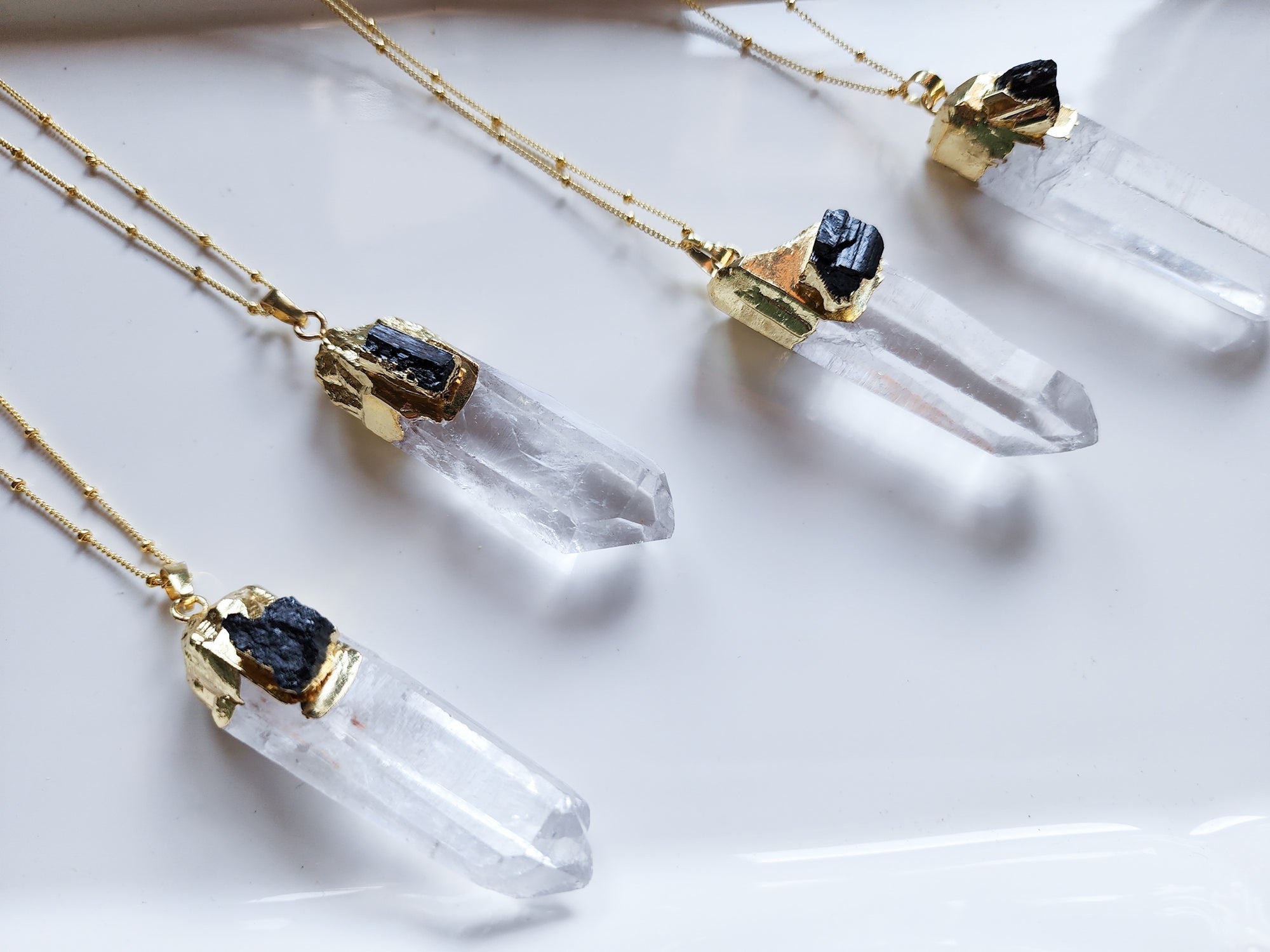 Clear Quartz & Tourmaline Gold Dipped Pendant Necklace