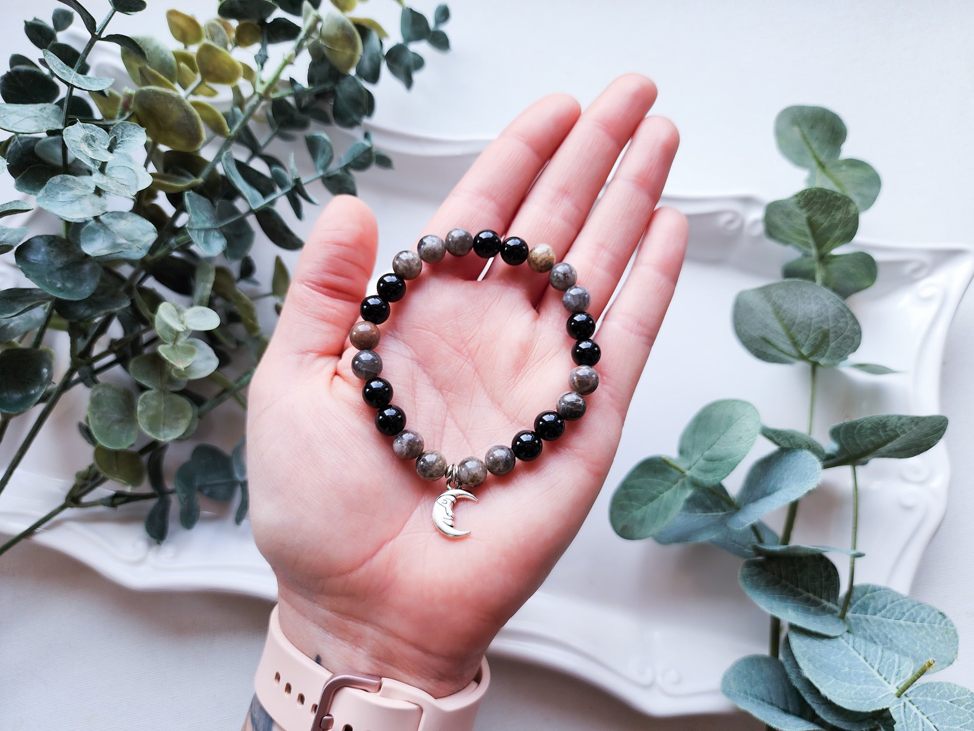 Onyx & Gray Moonstone Beaded Bracelet || Reiki Infused