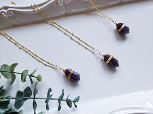 Amethyst Double Terminated Wire Wrap Gold Necklace