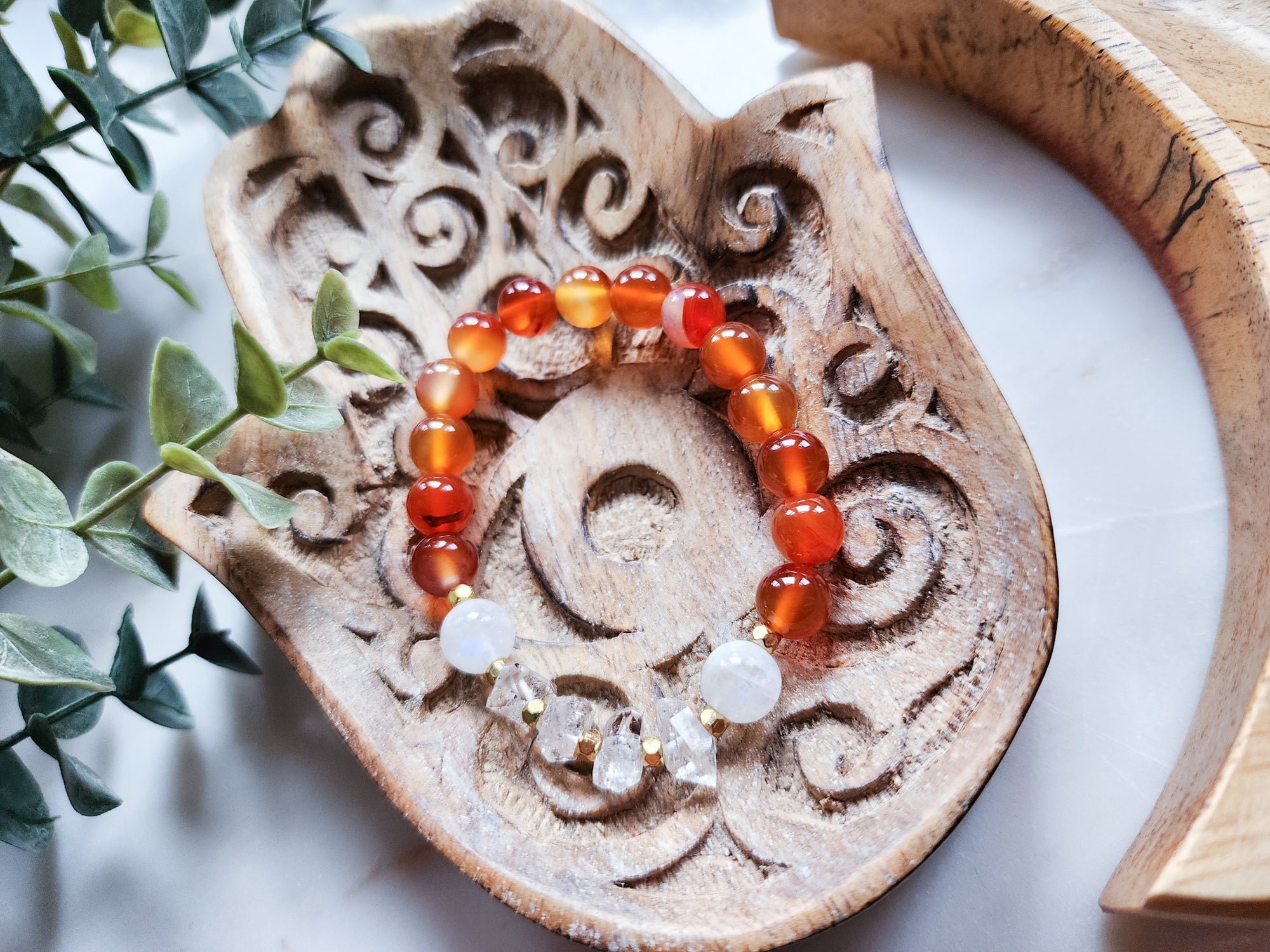 Carnelian, Moonstone & Herkimer Diamond Beaded Bracelet || Reiki Infused