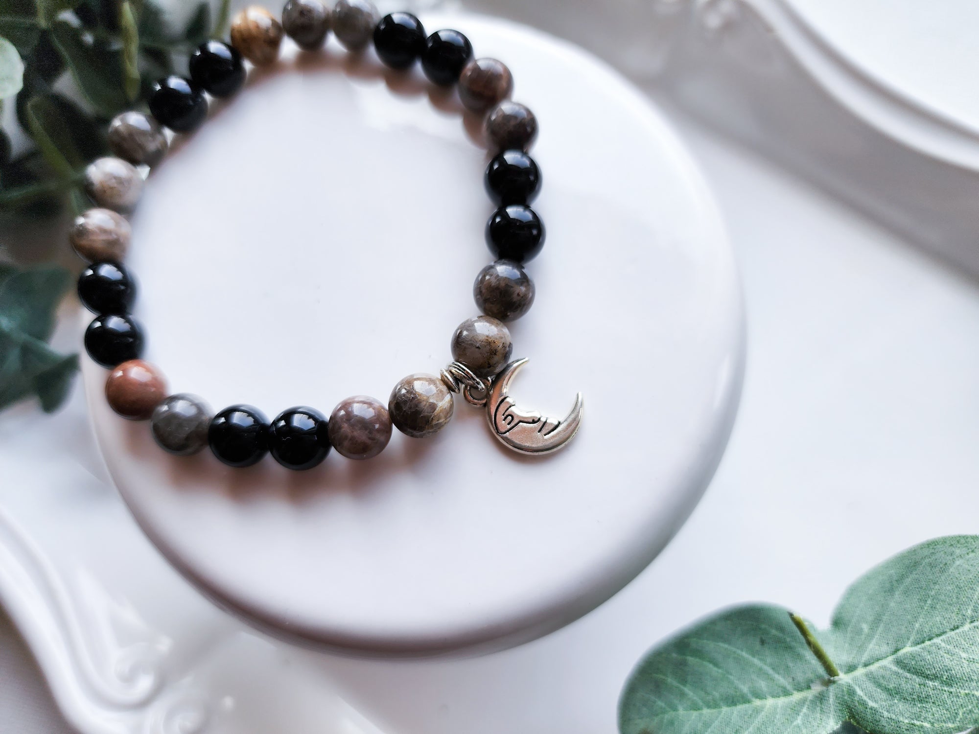 Onyx & Gray Moonstone Beaded Bracelet || Reiki Infused