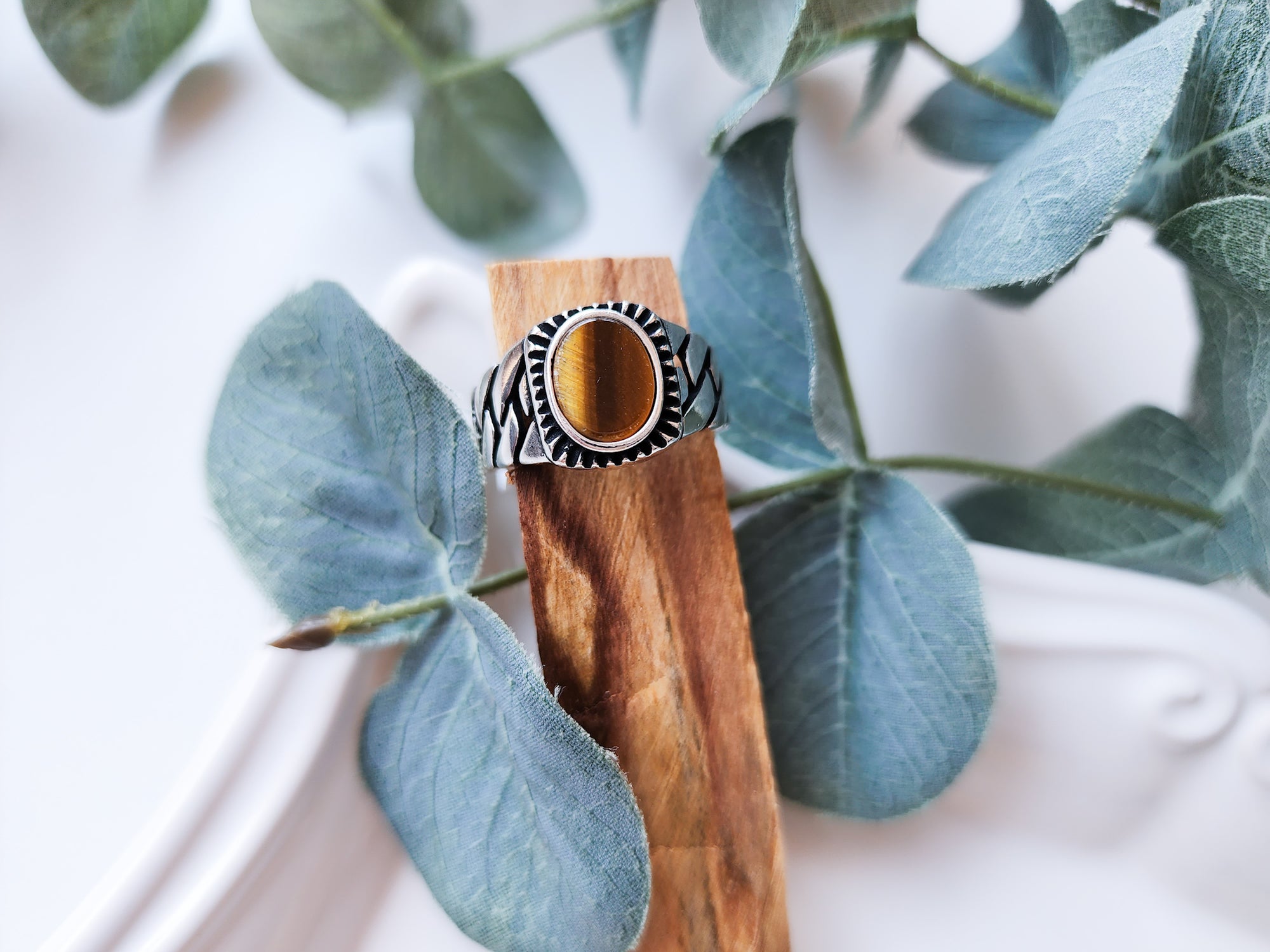 Masculine Line Sterling Ring || Tiger Eye Woven Band