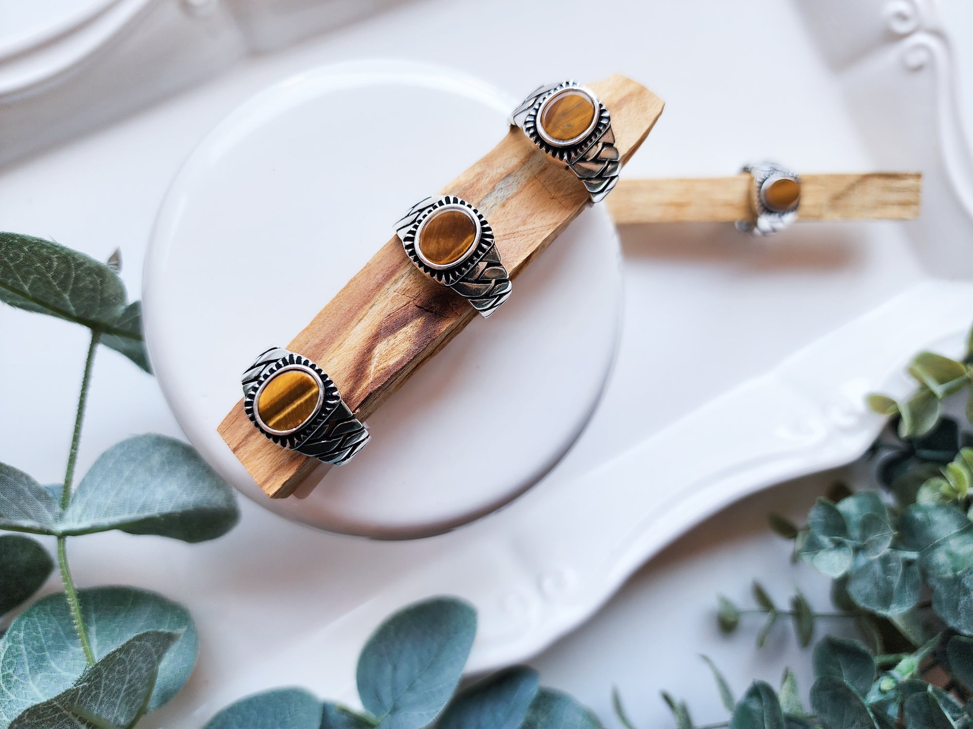 Masculine Line Sterling Ring || Tiger Eye Woven Band