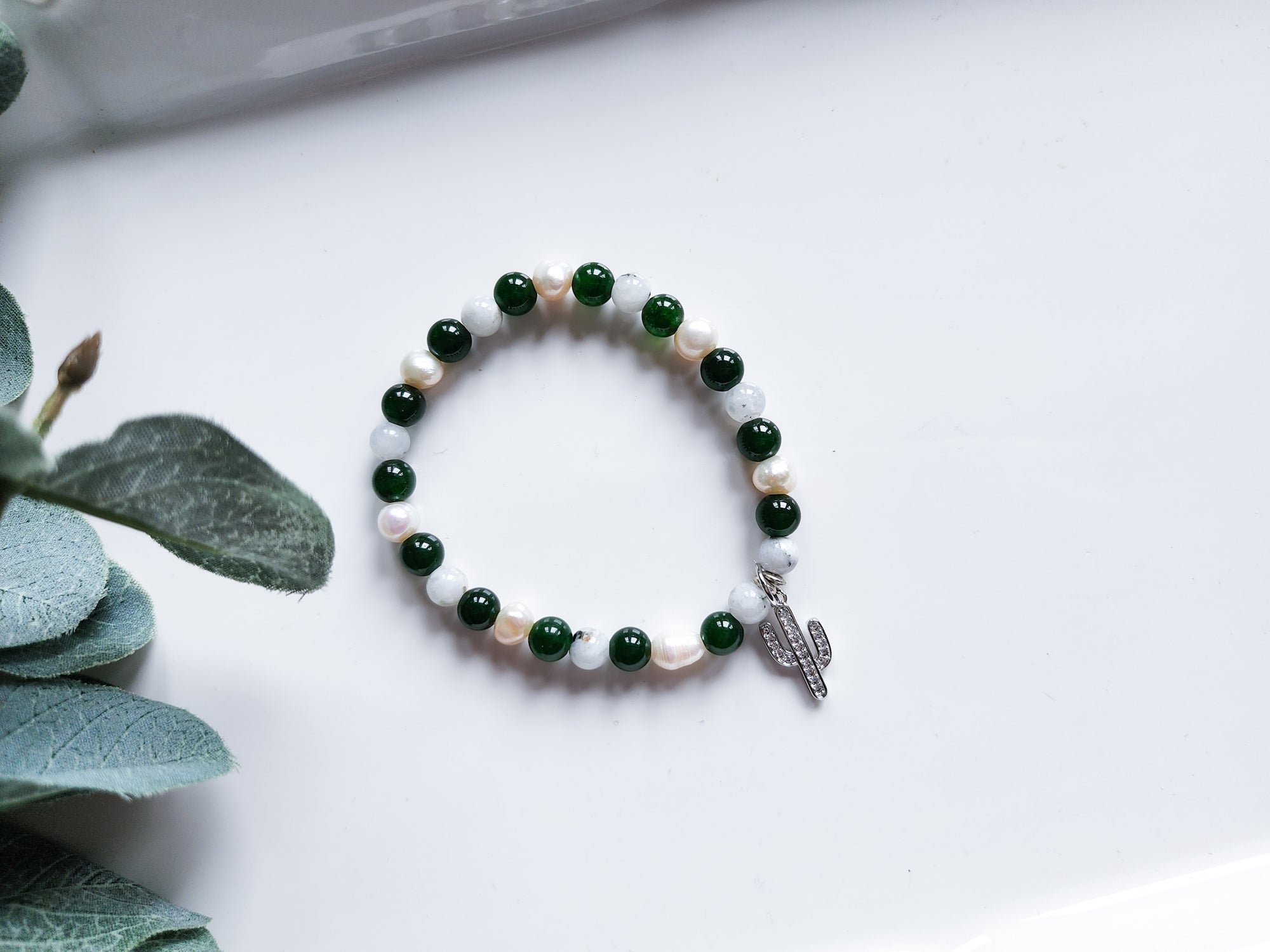 Nephrite Jade, Rainbow Moonstone & Mother of Pearl Cactus Gold Edition Beaded Bracelet || Reiki Infused