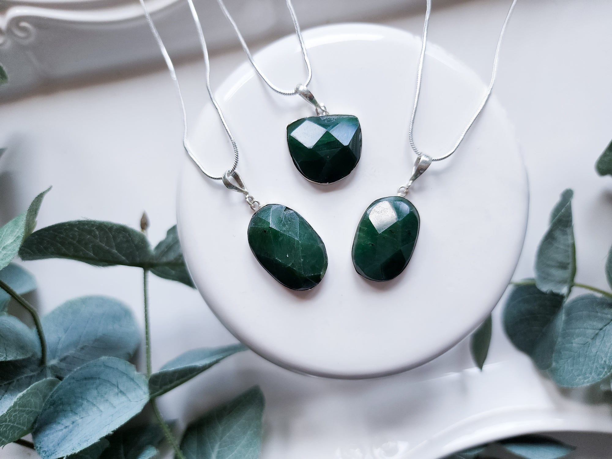 Nephrite Jade Faceted Sterling Pendant Necklace