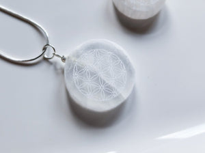 Selenite Engraved Flower of Life Necklace