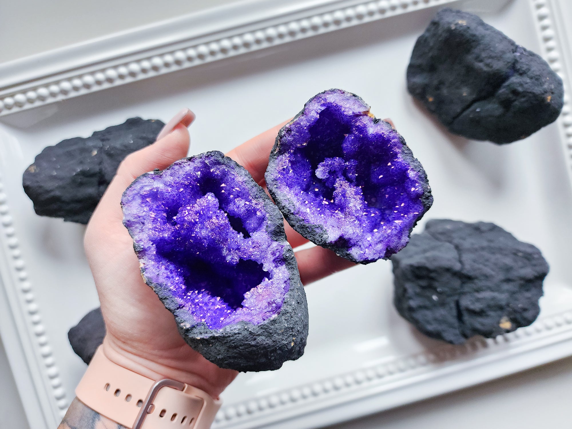 Moroccan Quartz Geode Pairs || Purple Aura Coated