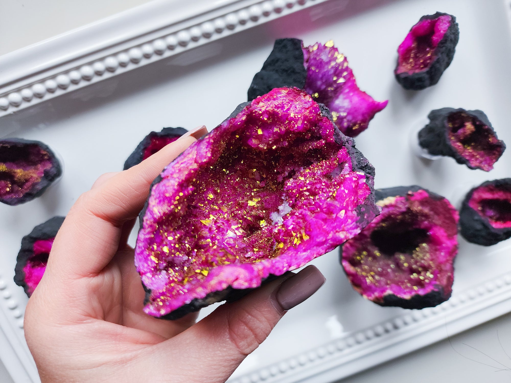 Magenta & Gold Titanium Coated Moroccan Quartz Geode Halves