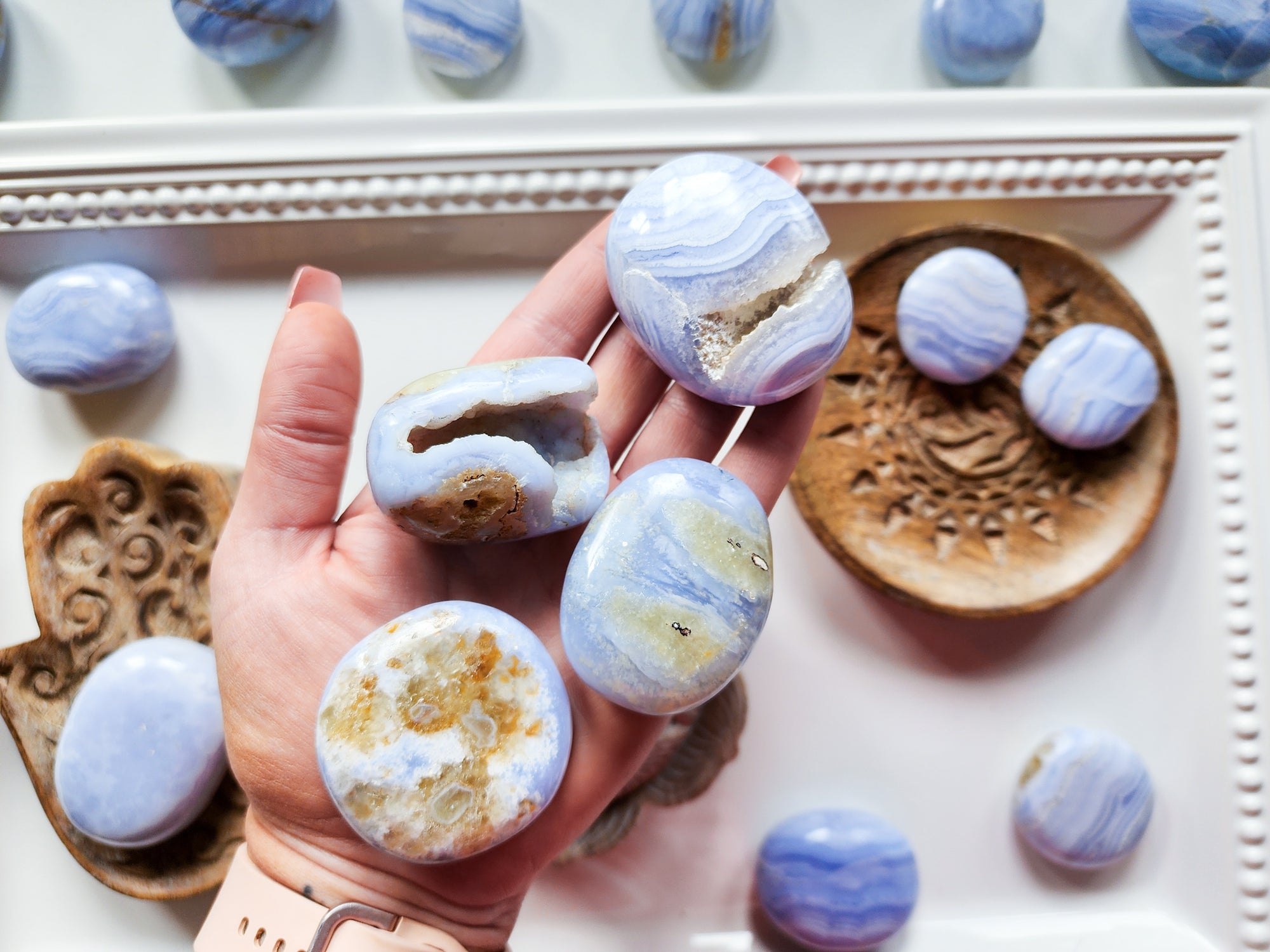 Blue Lace Agate Palm Stone