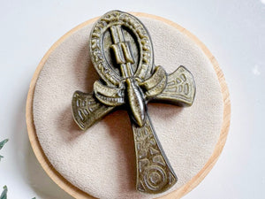 Sheen Obsidian Ankh Carving with Scarab Beetle