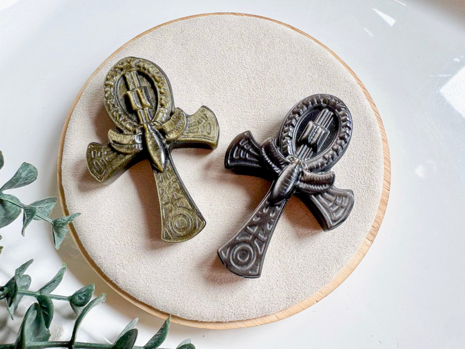 Sheen Obsidian Ankh Carving with Scarab Beetle