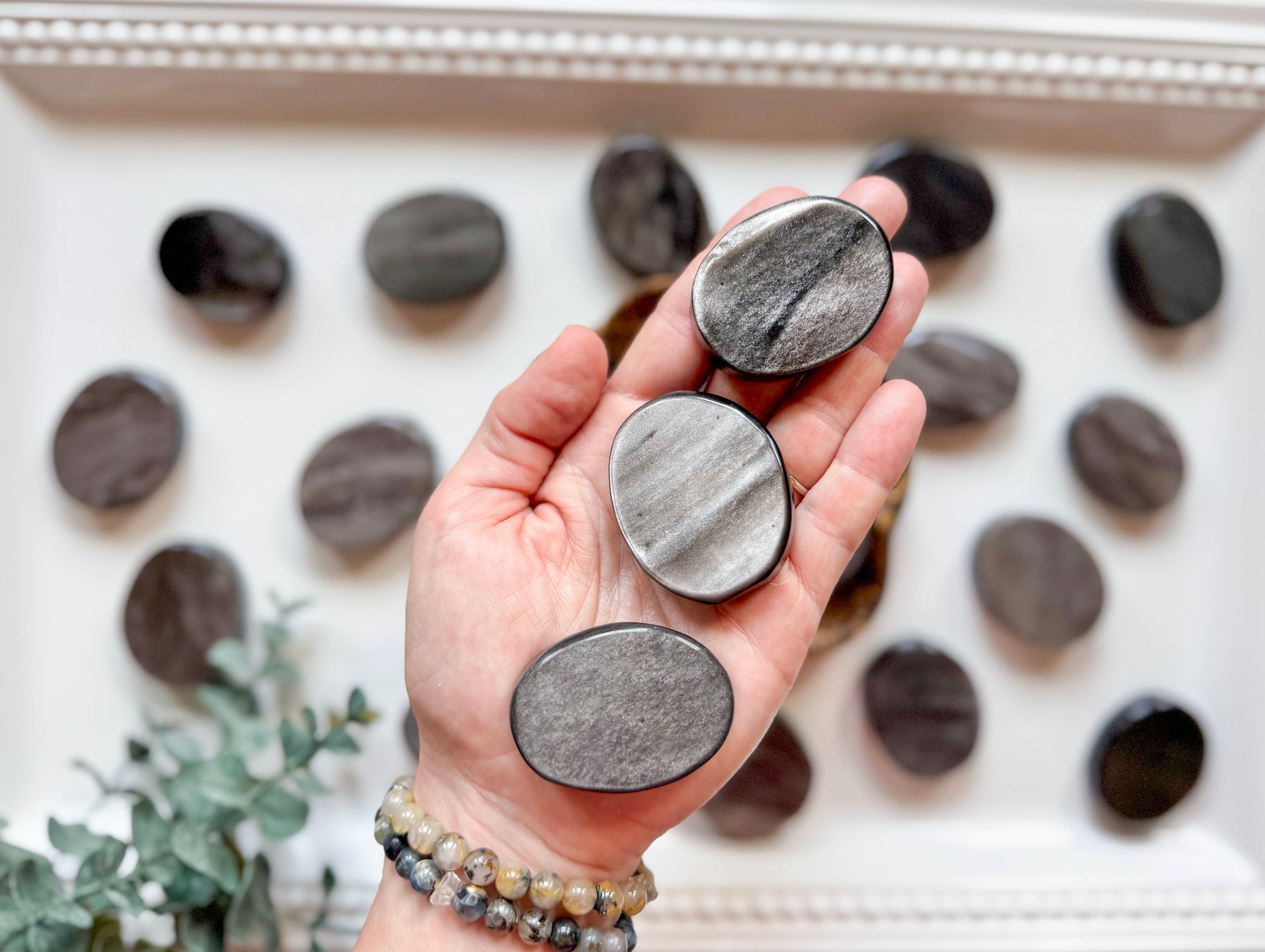 Silver Sheen Obsidian Flat Palm Stone
