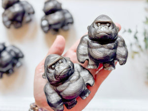Silver Sheen Obsidian Gorilla Carving