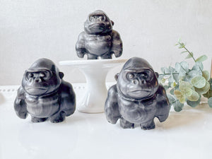 Silver Sheen Obsidian Gorilla Carving