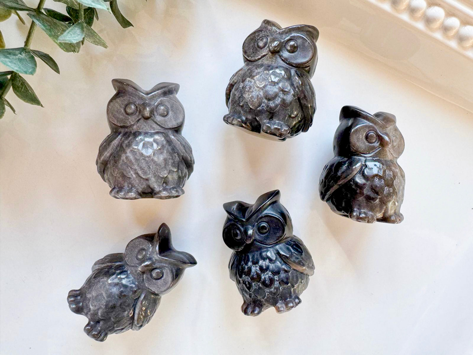 Silver Sheen Obsidian Owl Carving
