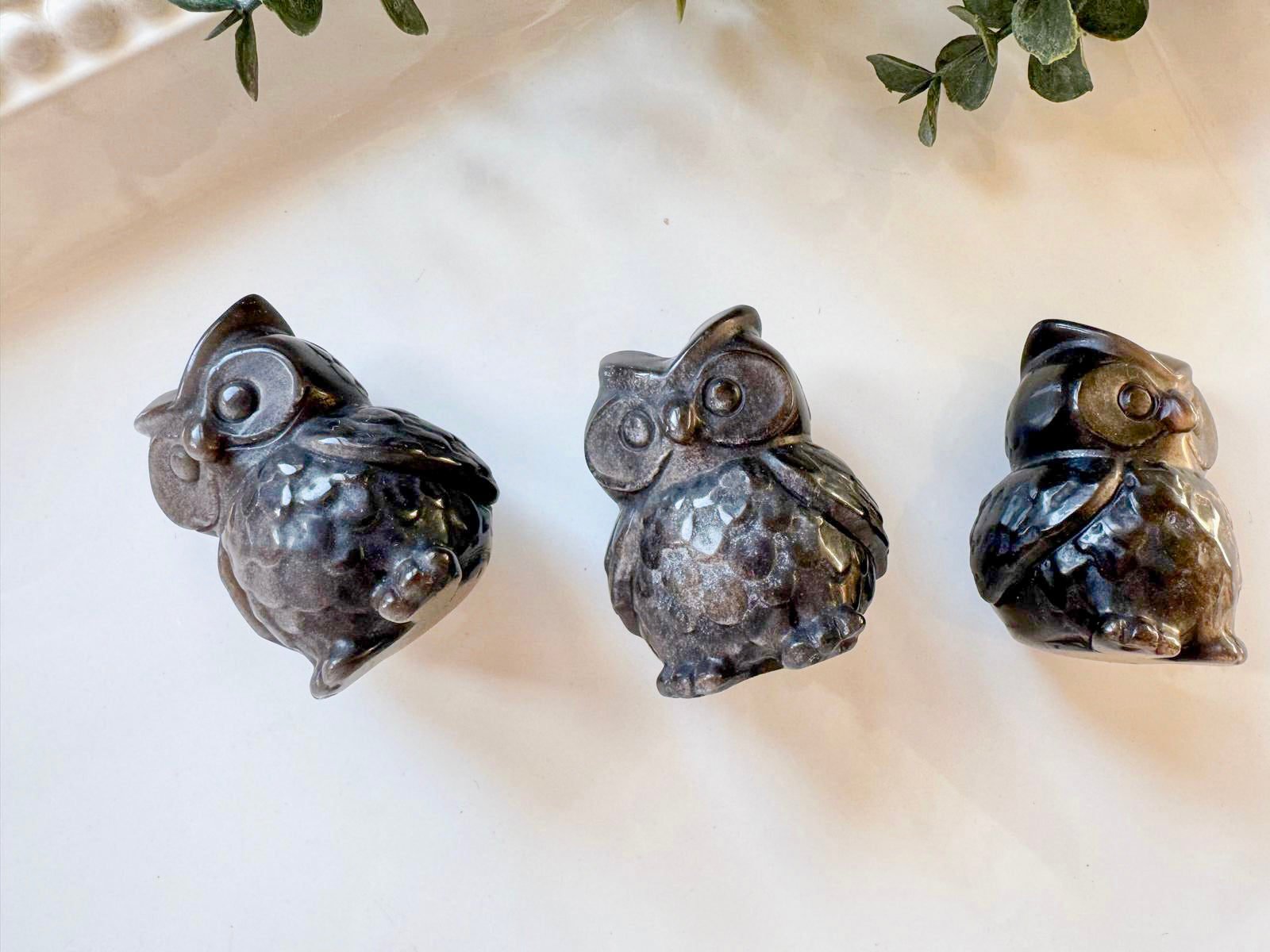 Silver Sheen Obsidian Owl Carving