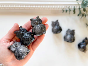 Silver Sheen Obsidian Owl Carving