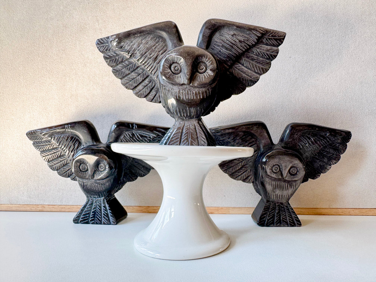 Silver Sheen Obsidian Owl Carving