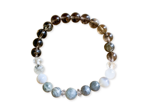 Smoky Quartz, Tourmalinated Quartz, Clear Quartz, Labradorite & Gray Agate Beaded Bracelet || Reiki Infused