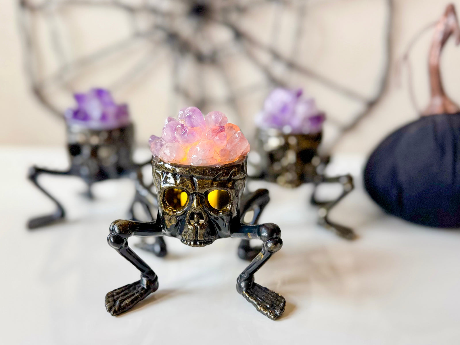 Spooky Halloween Double Skull with Legs Light with Amethyst Accent