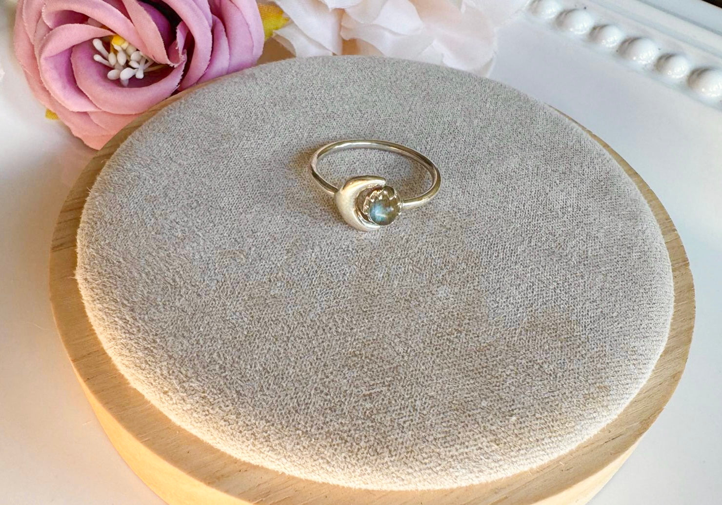 Sun & Crescent Moon Adjustable Sterling Ring || Labradorite