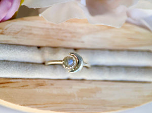 Sun & Crescent Moon Adjustable Sterling Ring || Labradorite