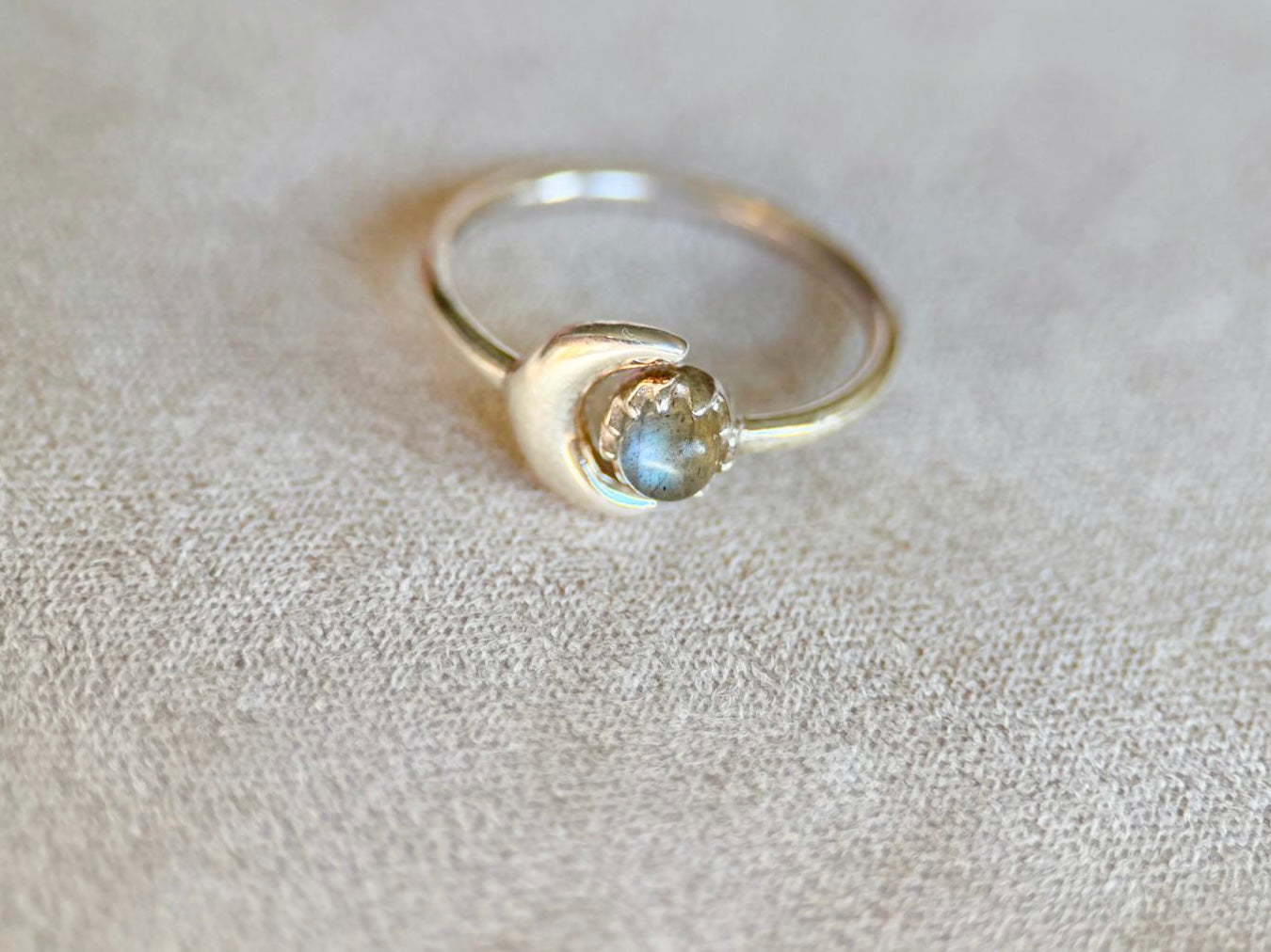 Sun & Crescent Moon Adjustable Sterling Ring || Labradorite