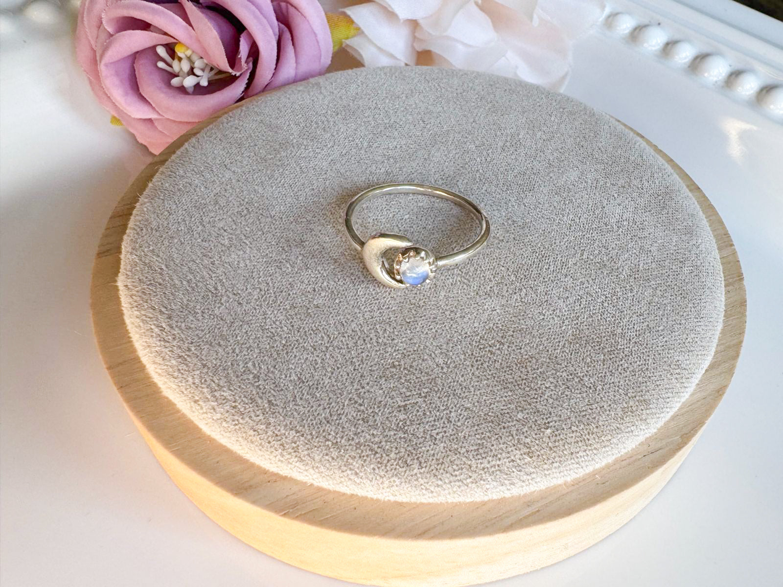 Sun & Crescent Moon Adjustable Sterling Ring  || Moonstone