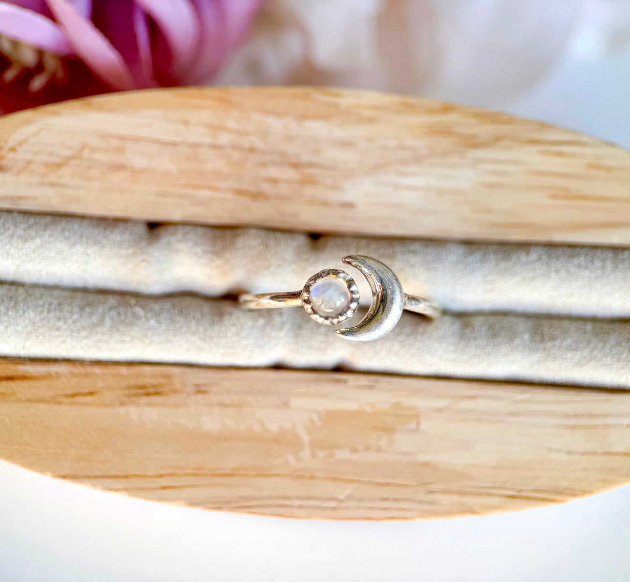 Sun & Crescent Moon Adjustable Sterling Ring  || Moonstone
